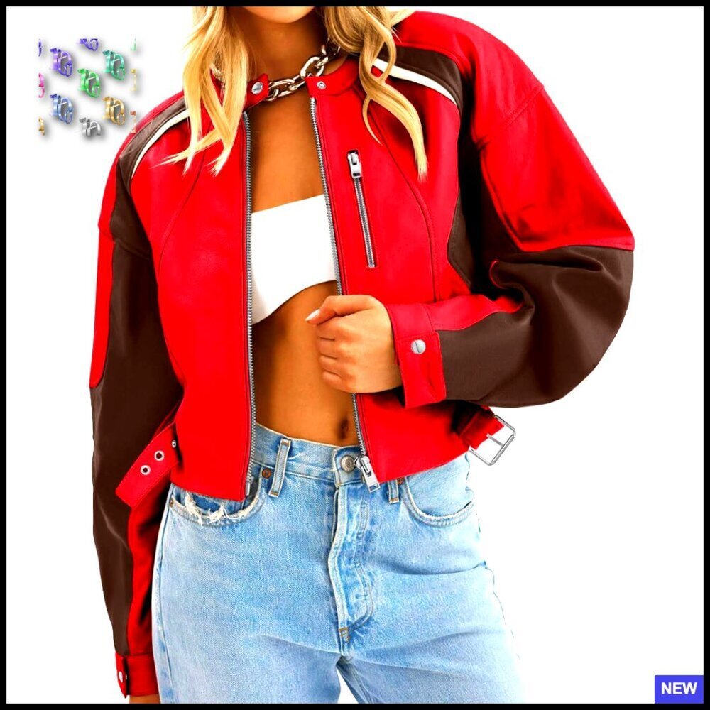 Faux Leather Bomber Jacket Cropped Zip Up Color Block Moto Biker Coat